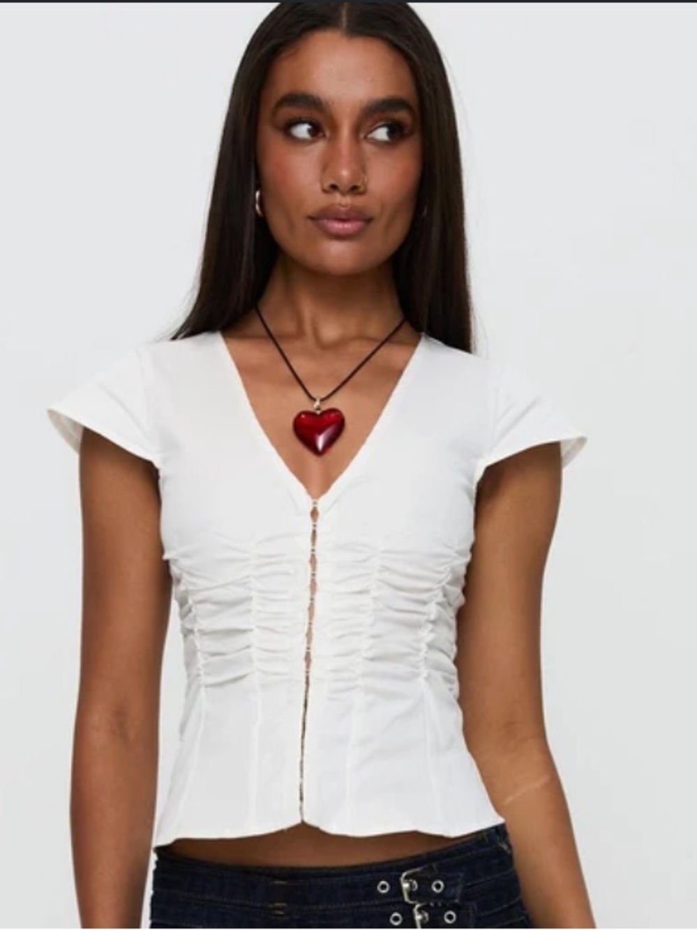 Princess Polly White Ruched V-Neck Cap Sleeve Top
